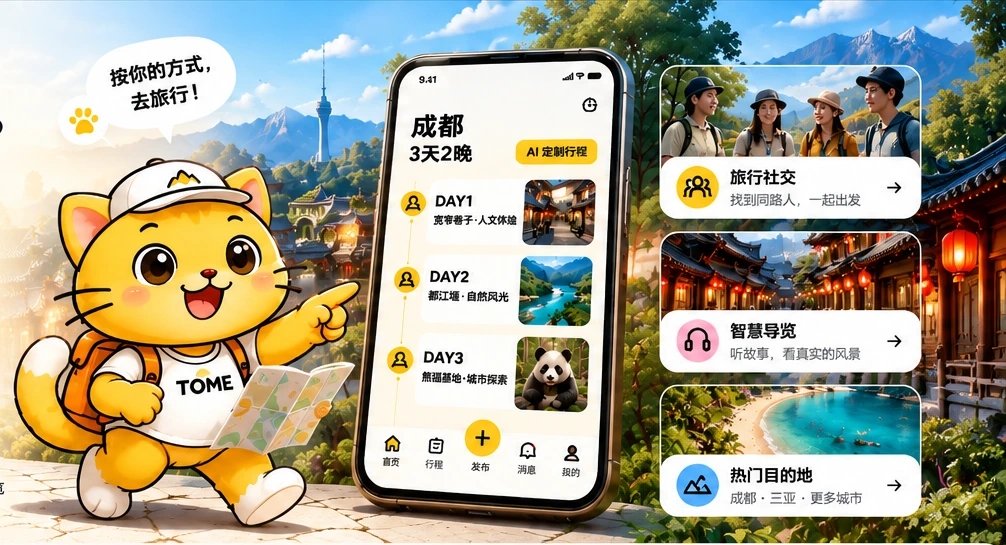 途咪黄色小猫、成都三天两晚智能行程、旅行社交及智慧导览展示